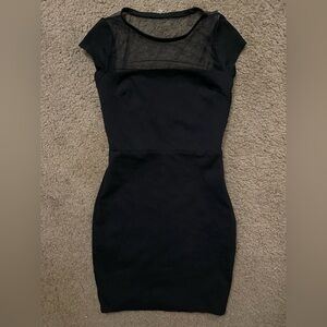 Lulus XS Black Bodycon Backless Mesh Short Sleeve Round Neck Mini Pencil Dress